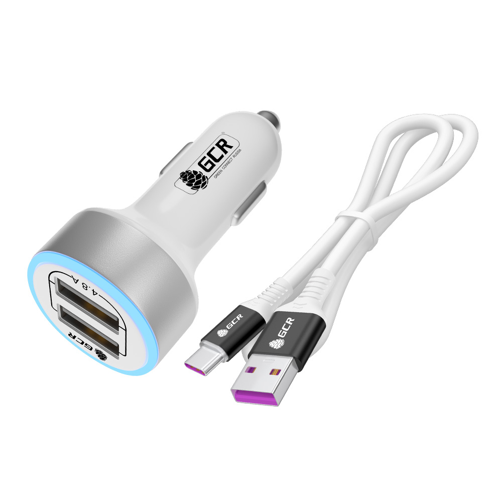 Комплект от GCR АЗУ на 2 USB порта 4.8А LED + USB кабель TypeC для быстрой зарядки