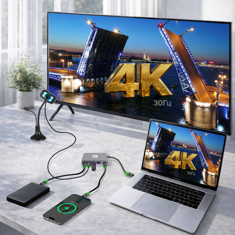 GCR PRO Док-станция 7в1 Type-C USB HUB 5Gbps PD 100W OTG 4K 30Hz HDMI