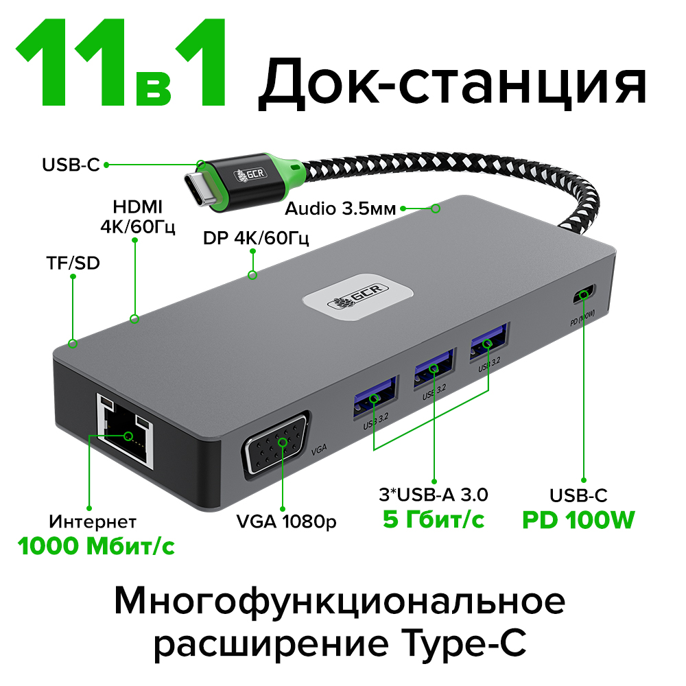 GCR PRO Док-станция 11в1 USB-C HUB 3*USB 3.2 10Gbps Type-C PD 100W HDMI/DP 4K VGA RJ45 TF/SD Audio