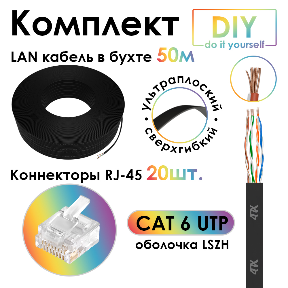 Кабель LAN витая пара LSZH плоский UTP в бухте CAT6 многопроволочный коннекторы в комплекте