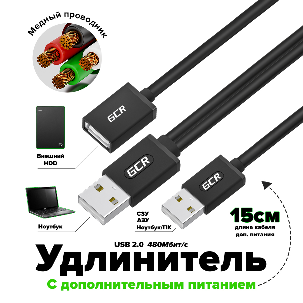 GCR PRO Удлинитель USB 2.0 AM/AF с доп. питанием