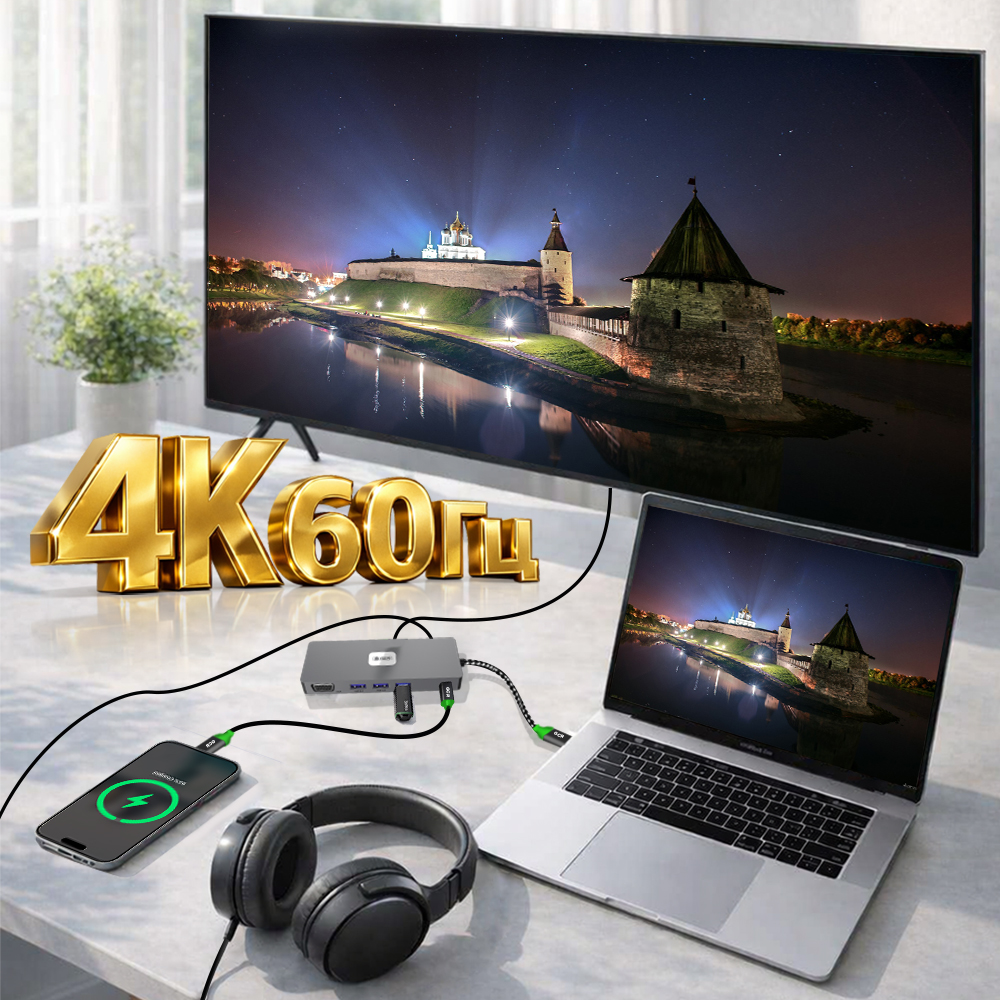 GCR PRO Док-станция 11в1 USB-C HUB 3*USB 3.2 10Gbps Type-C PD 100W HDMI/DP 4K VGA RJ45 TF/SD Audio