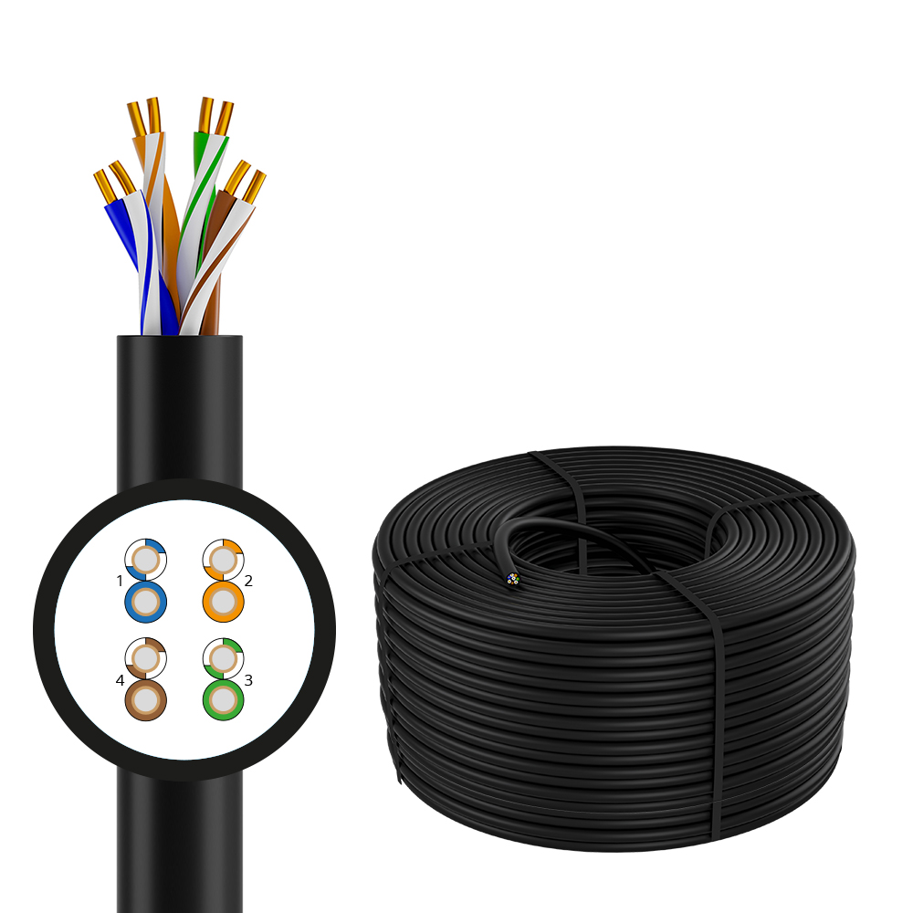 4PH Кабель LAN витая пара - патч корд UTP 100м Cat.5e CCA 4х2х0,5 (24AWG) одножильный (Solid) черный, бухта