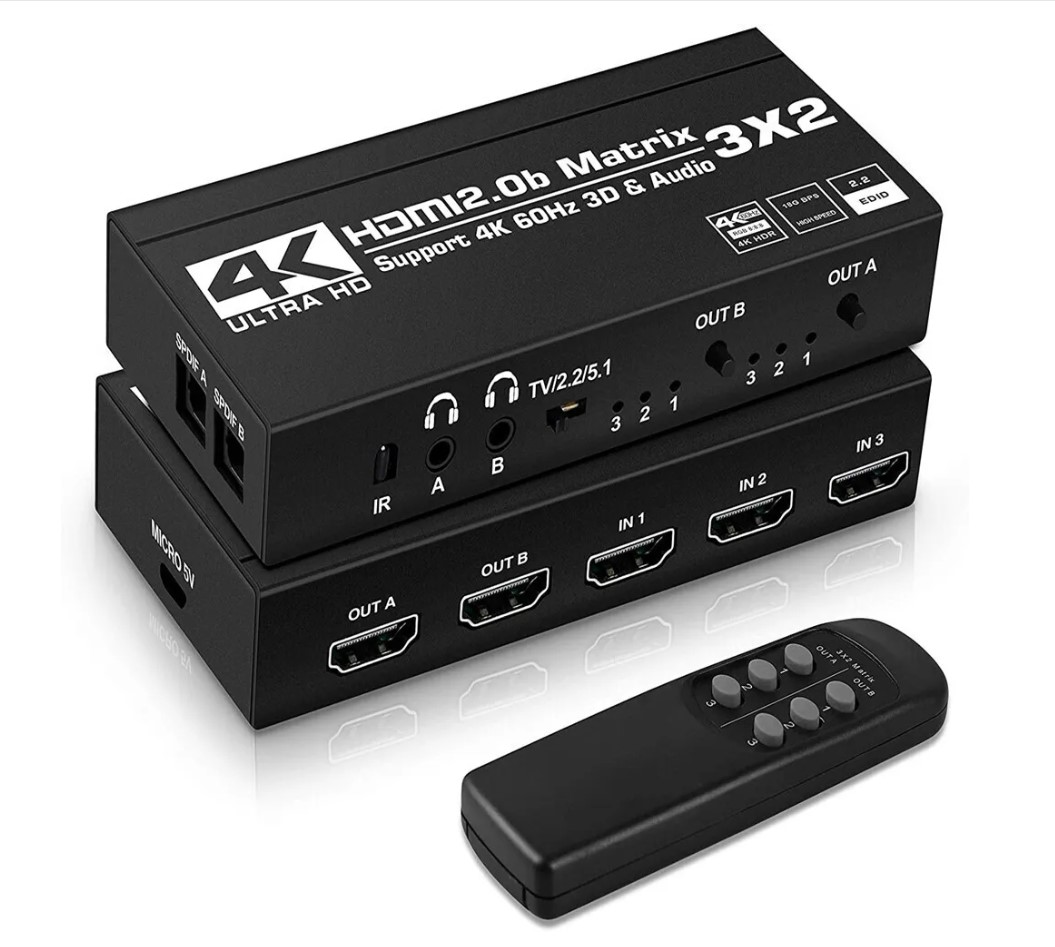 Матричный переключатель HDMI 2.0 3х2 Ultra HD 4K, 3D, 3 устройства к 2 мониторам