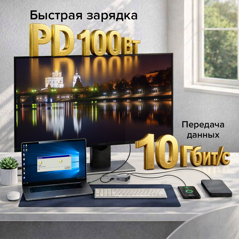 GCR PRO Док-станция 6в1 USB Type-C на Type-C PD 100W + 3*USB3.2 + HDMI 4K60Hz + RJ45 1000Mbps