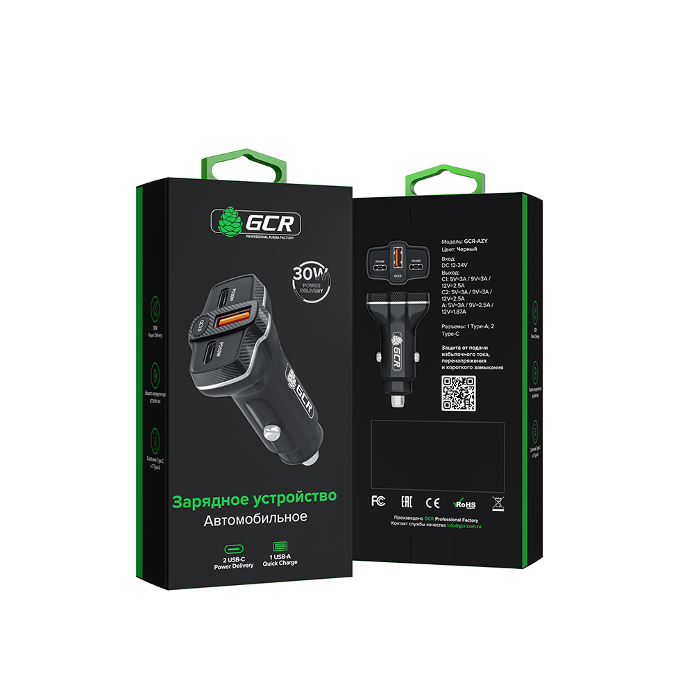 GCR PRO Автомобильное зарядное устройство 3в1 USB QC3.0 + 2*Type-C PD 30W