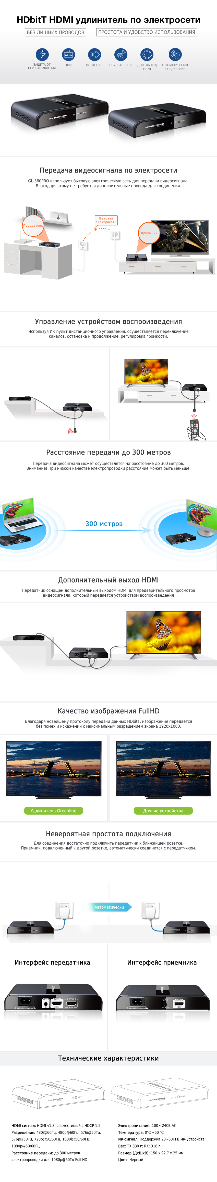 Удлинитель HDMI по электросети Greenline GL-380 до 300 метров
