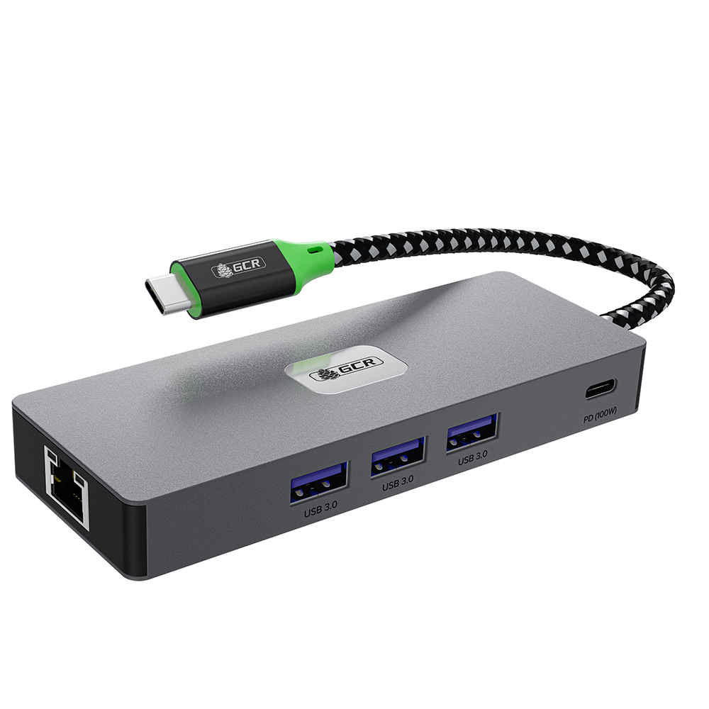 GCR PRO Док-станция 8в1 Type-C USB Hub 5Gbps PD 100W 4K60Hz HDMI/DP RJ45 1000Mbps