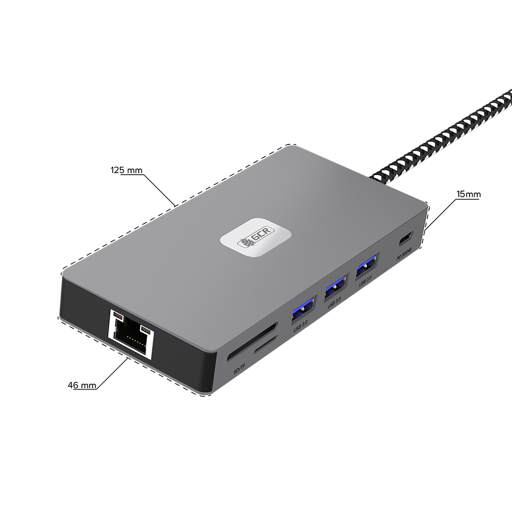 GCR PRO Док-станция 11в1 USB Type-C на 2*Type-C PD 100W + 3*USB3.0 + HDMI 4K60Hz + VGA + RJ45 1000Mbps + TF/SD + 3,5mm Audio