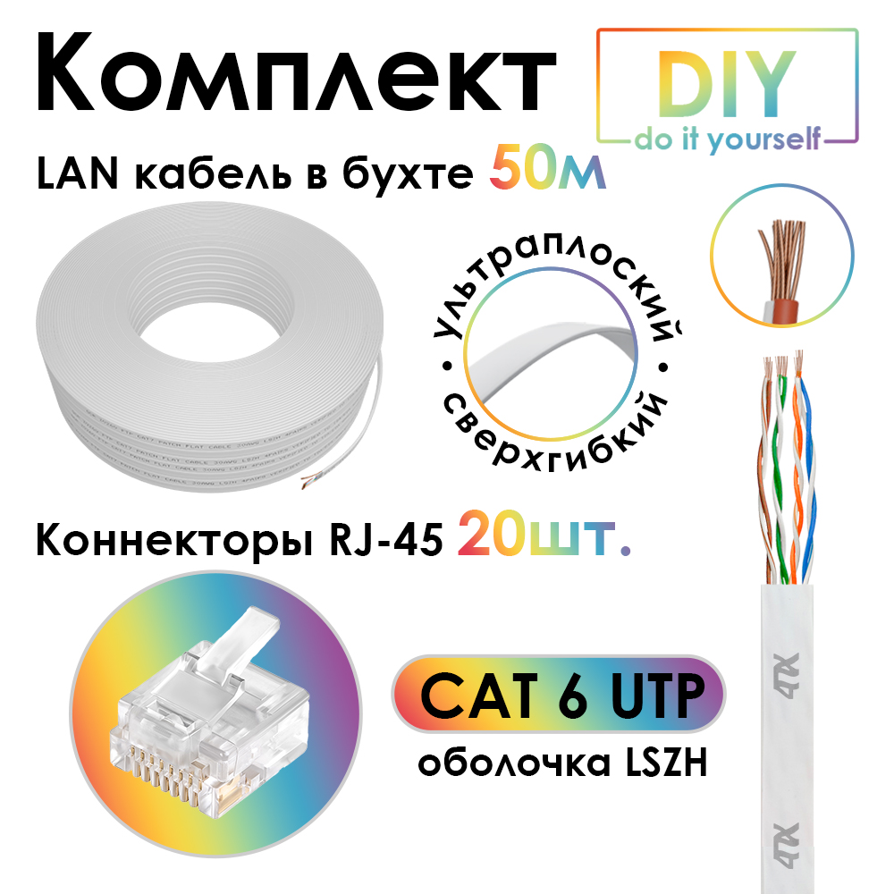 Кабель LAN витая пара LSZH плоский UTP в бухте CAT6 многопроволочный коннекторы в комплекте