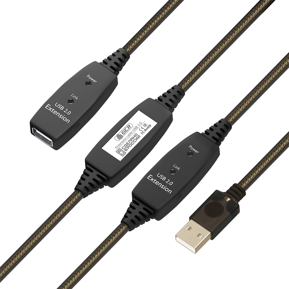 GCR PRO Активный удлинитель USB 2.0 AM/AF GOLD с усилителем сигнала + доп питание DC