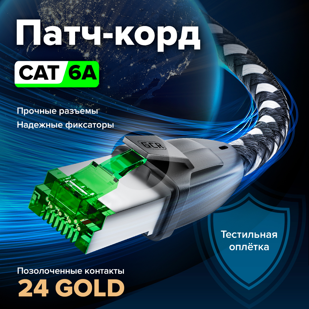 GCR PRO Патч-корд в оплетке текстиль PROF кат.6А UTP медь RJ45 T568B