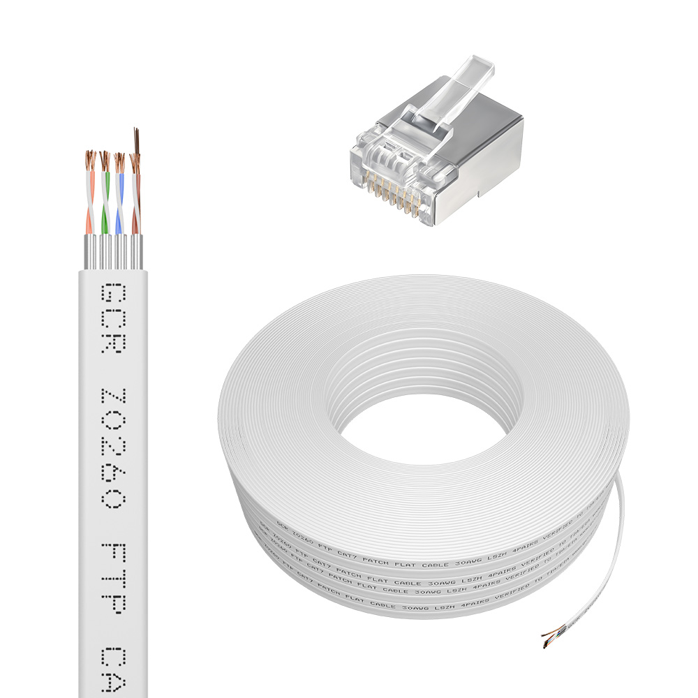 GCR PRO Кабель LAN DIY витая пара плоский в бухте FTP кат.7 медь LSZH + коннекторы RJ-45 8p8c