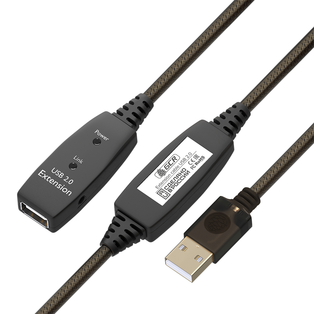 GCR PRO Активный удлинитель USB 2.0 AM/AF GOLD с усилителем сигнала + доп питание DC
