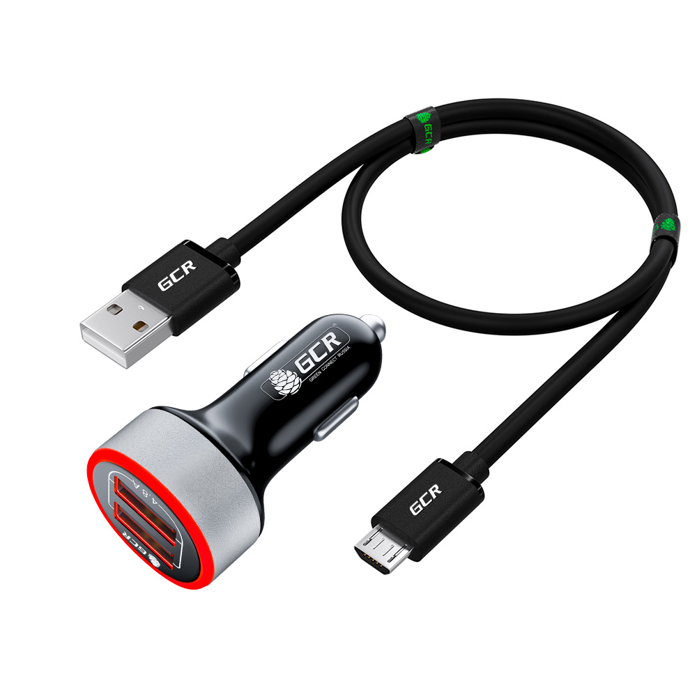 Комплект от GCR АЗУ на 2 USB порта TypeA для быстрой зарядки 4.8A с LED индикатором + кабель MicroUSB QC 3.0