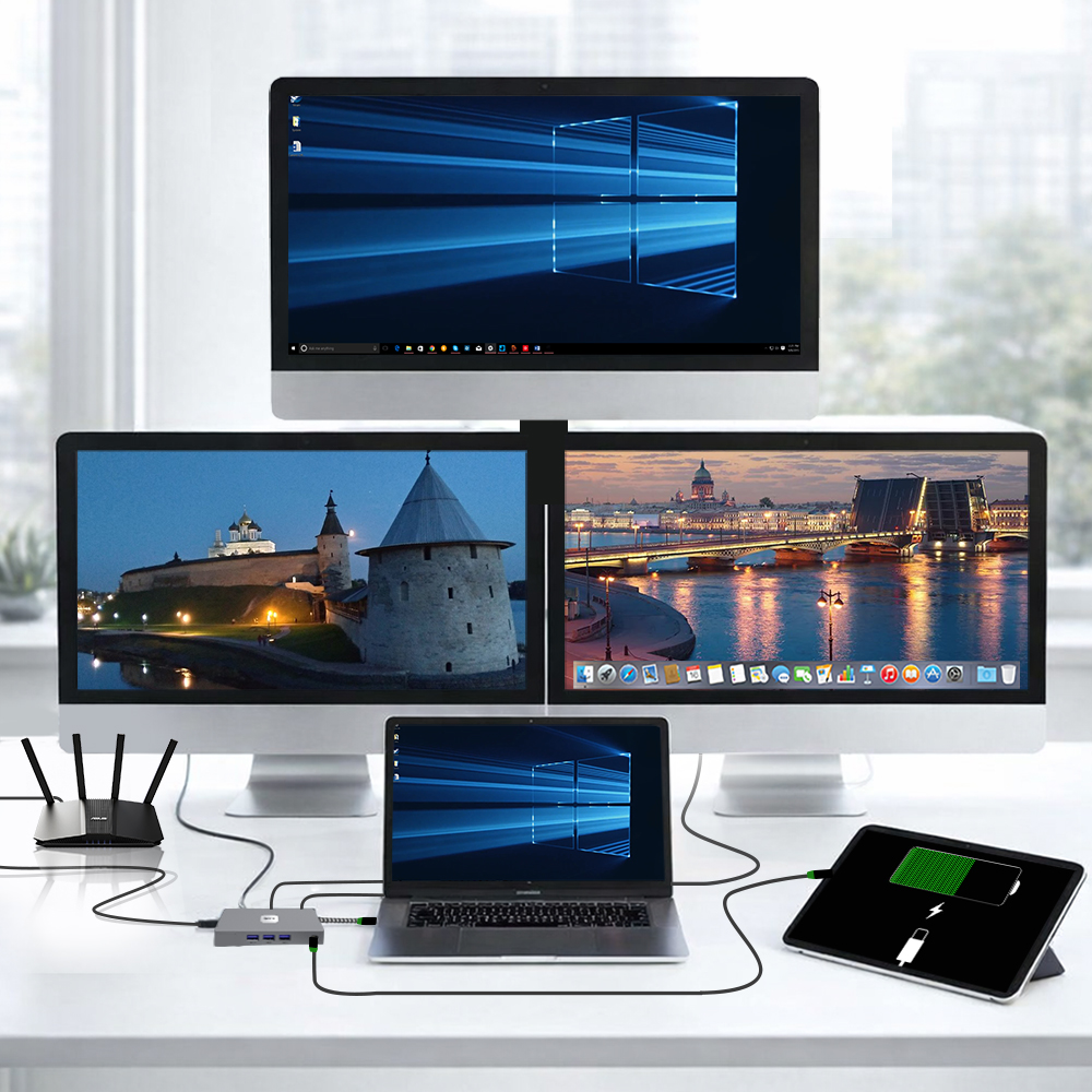 GCR PRO Док-станция 8в1 Type-C USB Hub 5Gbps PD 100W 4K60Hz HDMI/DP RJ45 1000Mbps