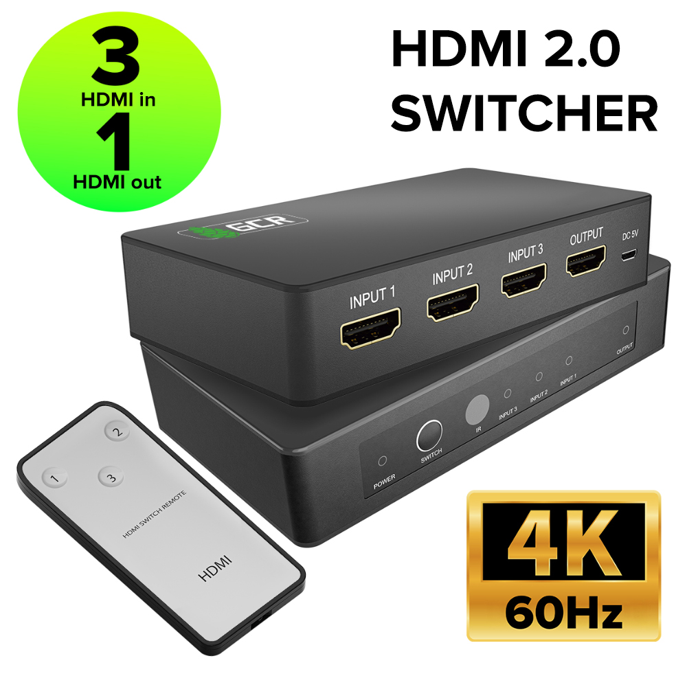 GCR PRO Переключатель HDMI 2.0 3 устройства к 1 монитору 4K60Hz 4:4:4 HDCP 2.2