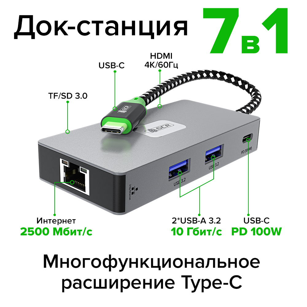 GCR PRO Док-станция 7в1 USB-C HUB 2*USB 3.2 10Gbps Type-C PD 100W HDMI 4K RJ45 2.5G TF/SD