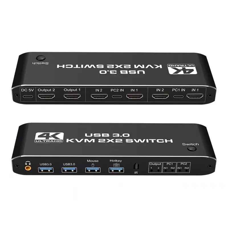 Переключатель USB 3.0 KVM 2x2 UlrtaHD 4K@60Hz 2 компьютера 2 монитора