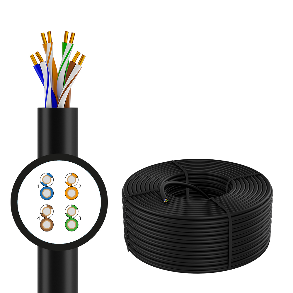 4PH Кабель LAN витая пара - патч корд UTP 50м Cat.5e CCA 4х2х0,5 (24AWG) одножильный (Solid) черный, бухта
