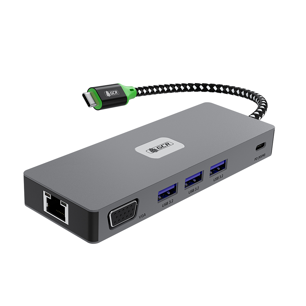 GCR PRO Док-станция 11в1 USB-C HUB 3*USB 3.2 10Gbps Type-C PD 100W HDMI/DP 4K VGA RJ45 TF/SD Audio