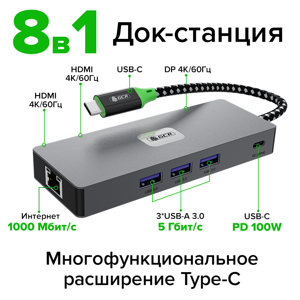 GCR PRO Док-станция 8в1 Type-C USB Hub 5Gbps PD 100W 4K60Hz HDMI/DP RJ45 1000Mbps