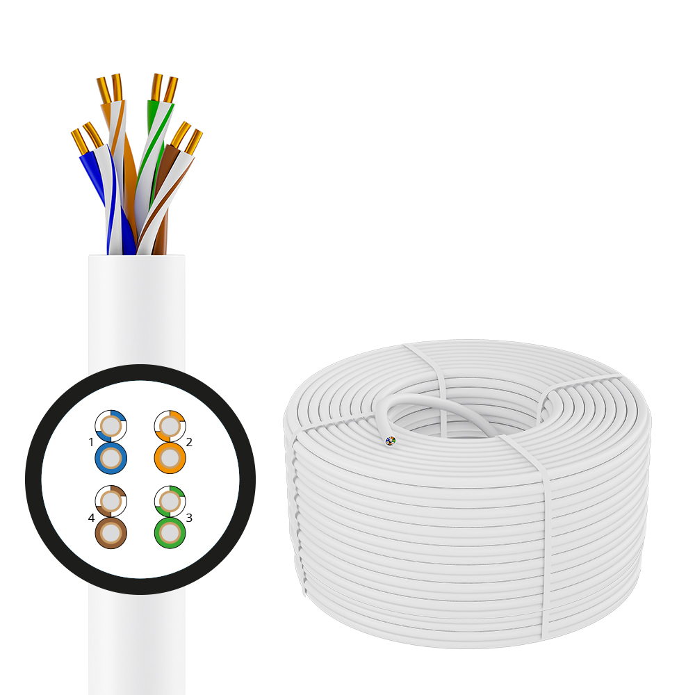 4PH Кабель LAN витая пара - патч корд UTP 100м Cat.5e CCA 4х2х0,5 (24AWG) одножильный (Solid) белый, бухта