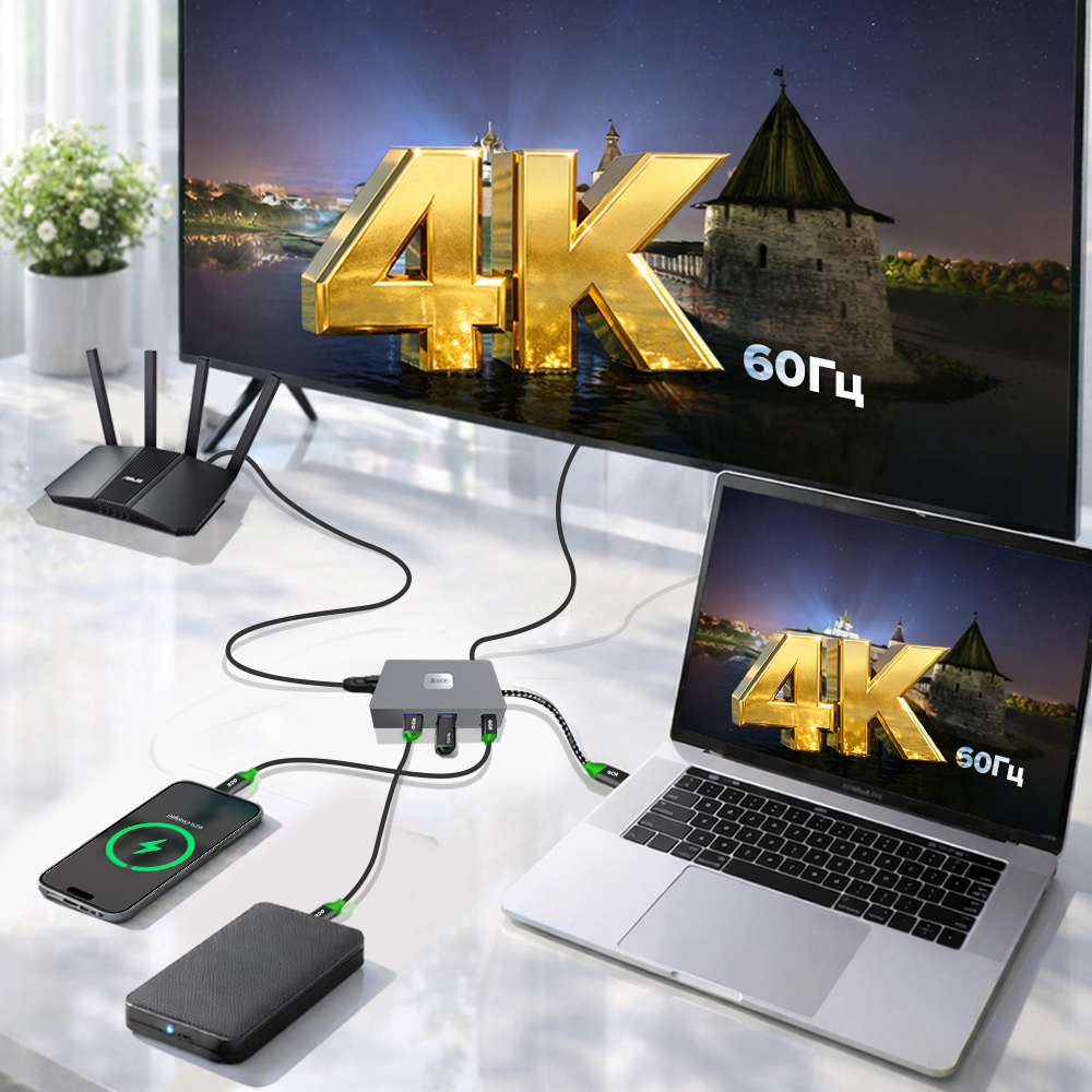 GCR PRO Док-станция 6в1 USB Type-C на Type-C PD 100W + 3*USB3.2 + HDMI 4K60Hz + RJ45 1000Mbps