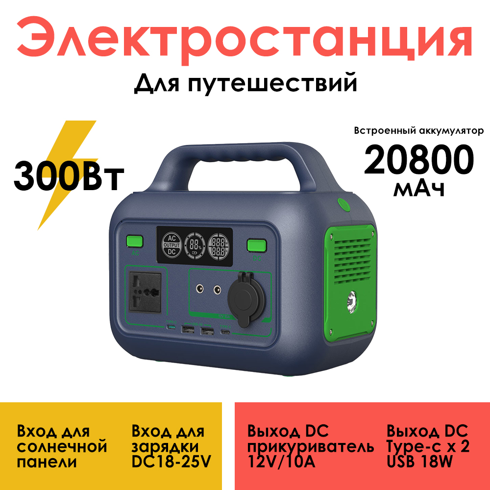 Портативная электростанция на 20800mAh 300W для кемпинга, солнечная панель