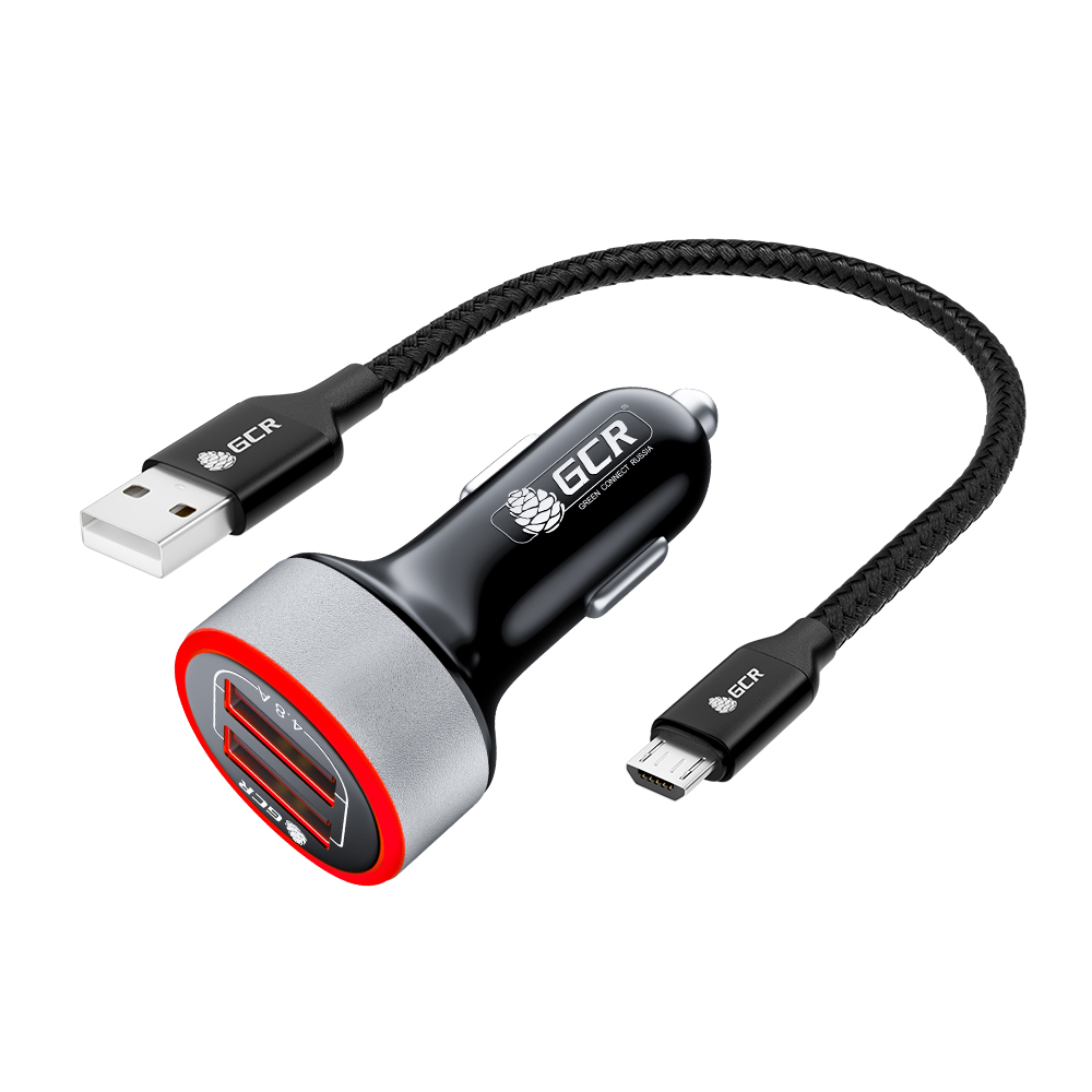 Комплект АЗУ на 2 USB порта 4.8А LED + кабель MicroUSB 3A QC 3.0 нейлон для быстрой зарядки