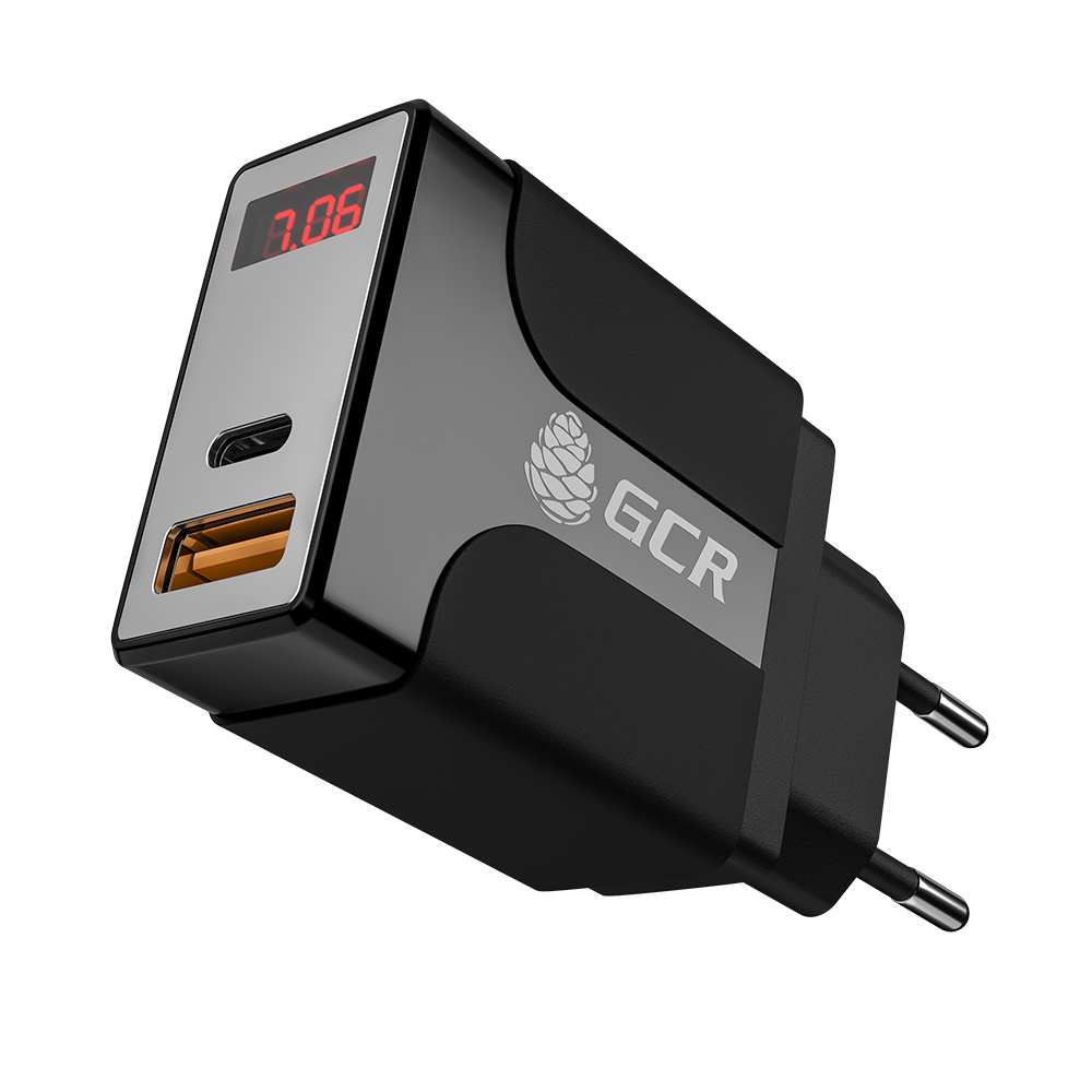Зарядное устройство GCR на 2 порта TypeA TypeC с поддержкой быстрой зарядки Quick Charge 3.0 Power Delivery 18W с дисплеем