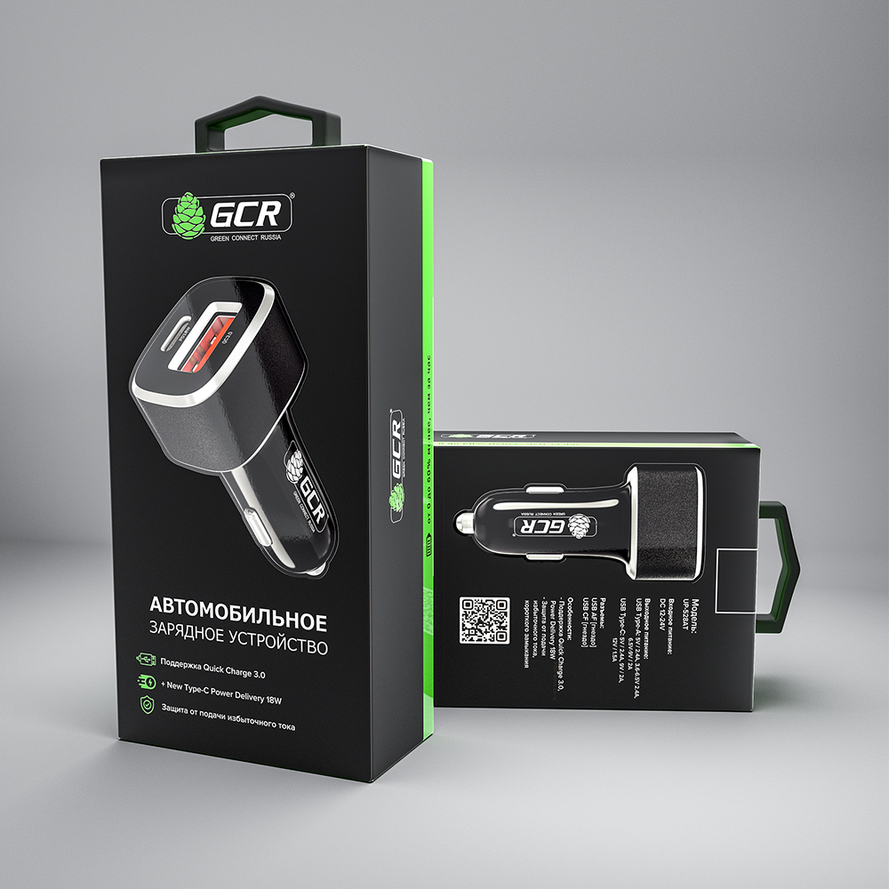 Автомобильное зарядное устройство GCR AF + TypeC быстрая зарядка QC 3.0 Power Delivery 18W