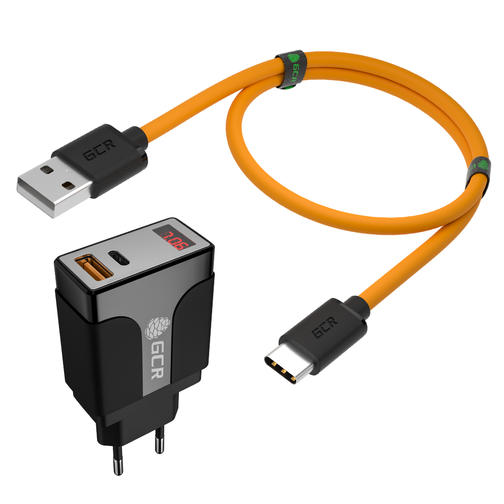 Комплект СЗУ на 2 USB порта QC 3.0 PD 3.0 с дисплеем  + кабель TypeC для быстрой зарядки QC 3.0