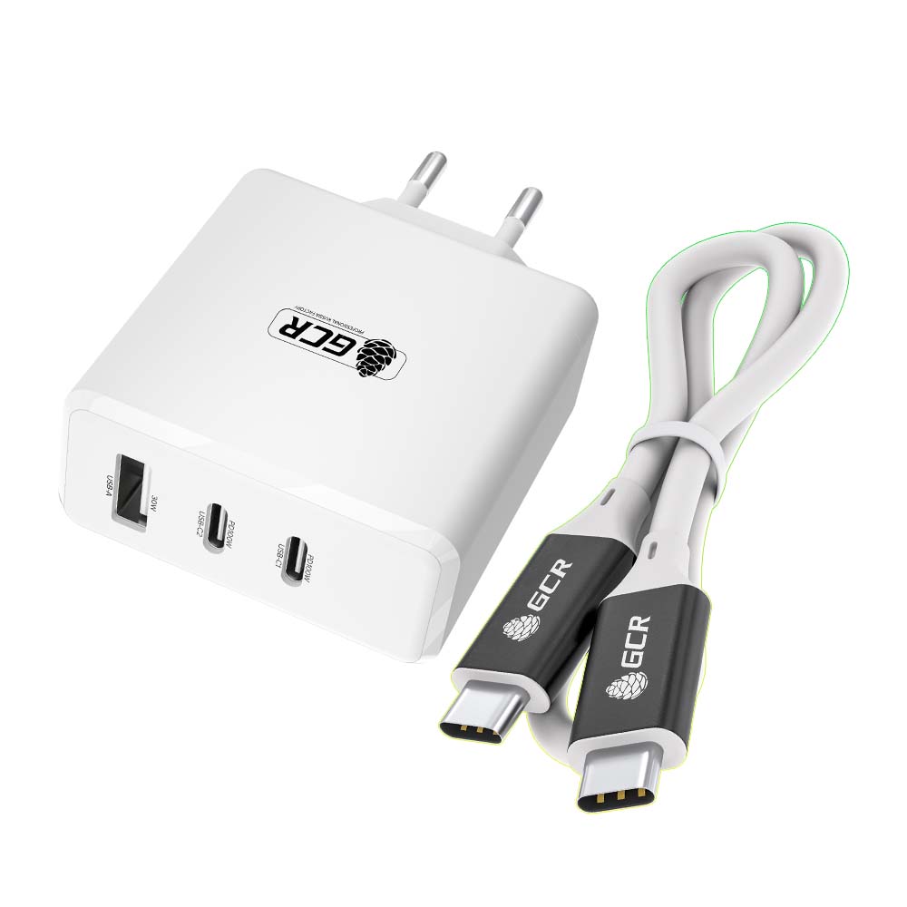 Комплект от GCR СЗУ 100W, 1 USB + 2 TypeC, GaN Tech Quick Charger, PD 3.0, белый + кабель 2.0m Type C-С USB 3.1
