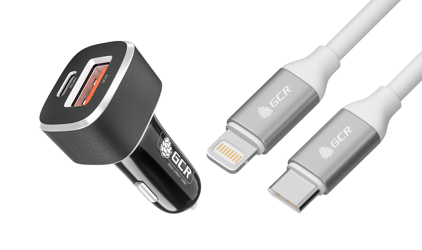 Комплект от GCR АЗУ на 2 USB порта TypeA и TypeC + кабель для iPhone Lightning TypeC