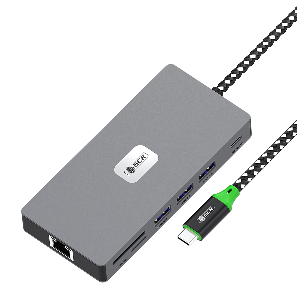 GCR PRO Док-станция 11в1 USB Type-C на 2*Type-C PD 100W + 3*USB3.0 + HDMI 4K60Hz + VGA + RJ45 1000Mbps + TF/SD + 3,5mm Audio
