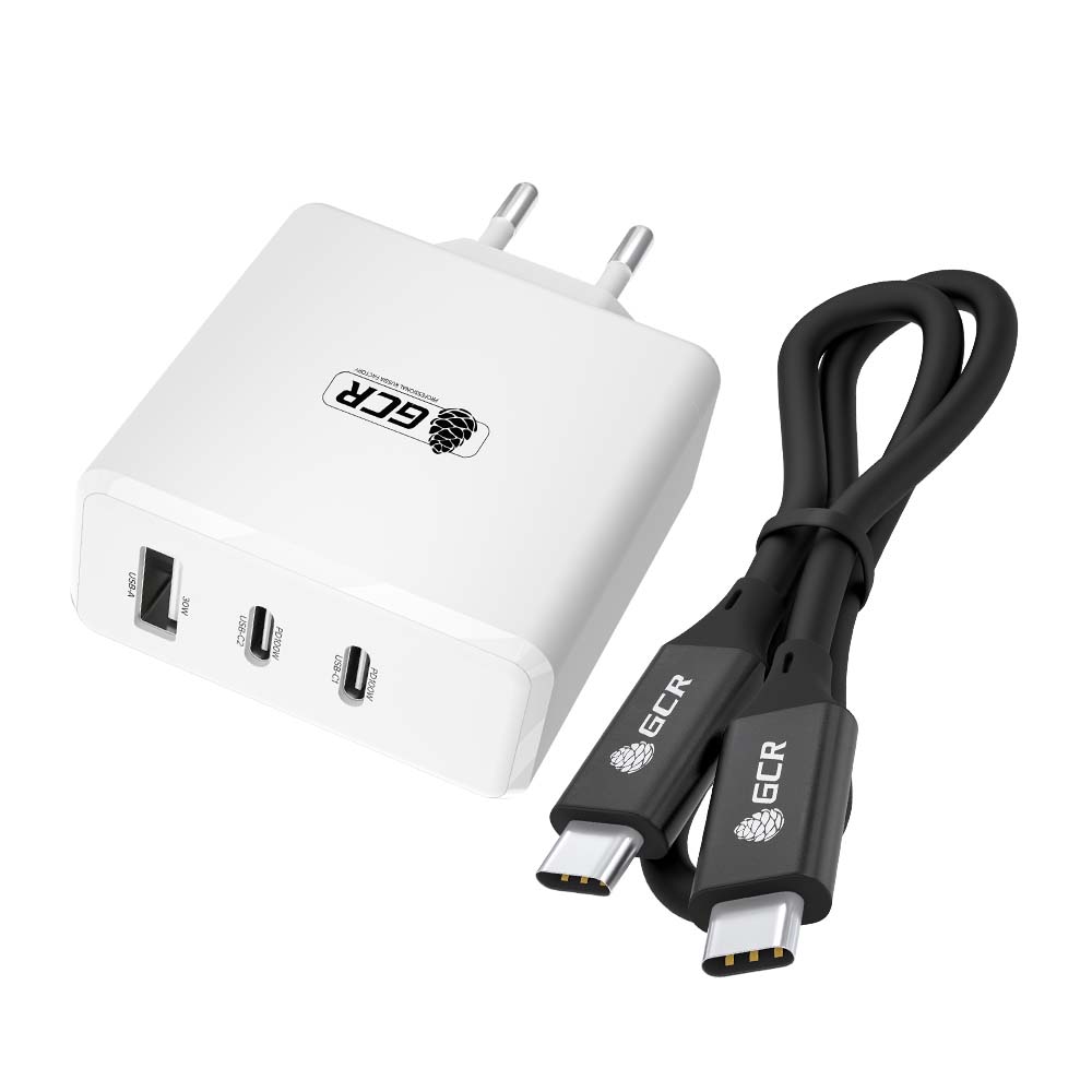 Комплект от GCR СЗУ 100W, 1 USB + 2 TypeC, GaN Tech Quick Charger, PD 3.0, белый + кабель 2.0m Type C-С USB 3.1, черный
