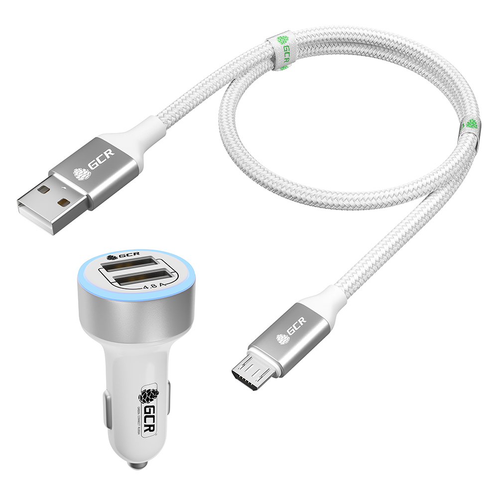 Комплект АЗУ на 2 USB порта 4.8А LED + кабель MicroUSB 3A QC 3.0 нейлон для быстрой зарядки