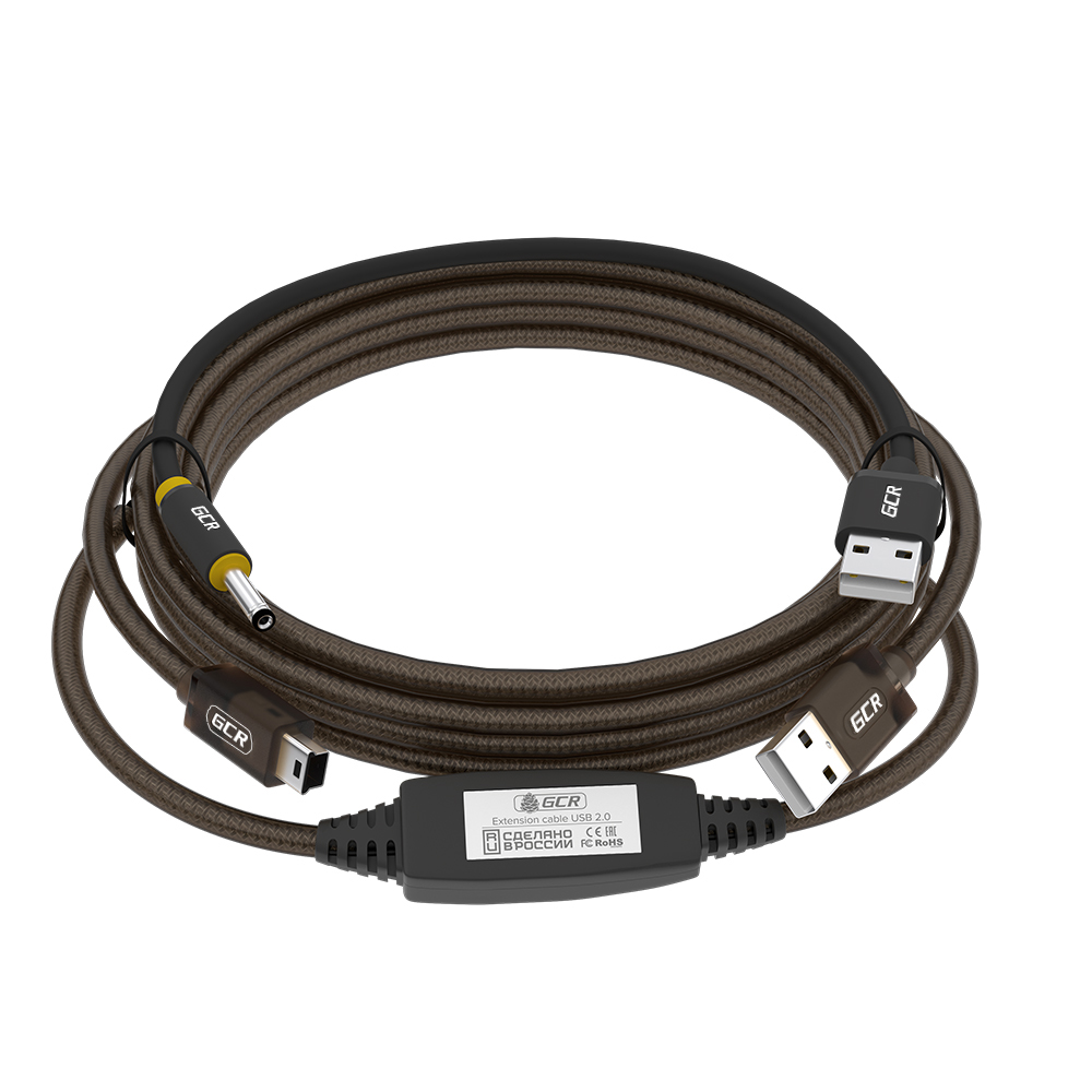Активный кабель USB 2.0 Mini USB с усилителем сигнала + разъём для доп.питания, LED-индикаторы