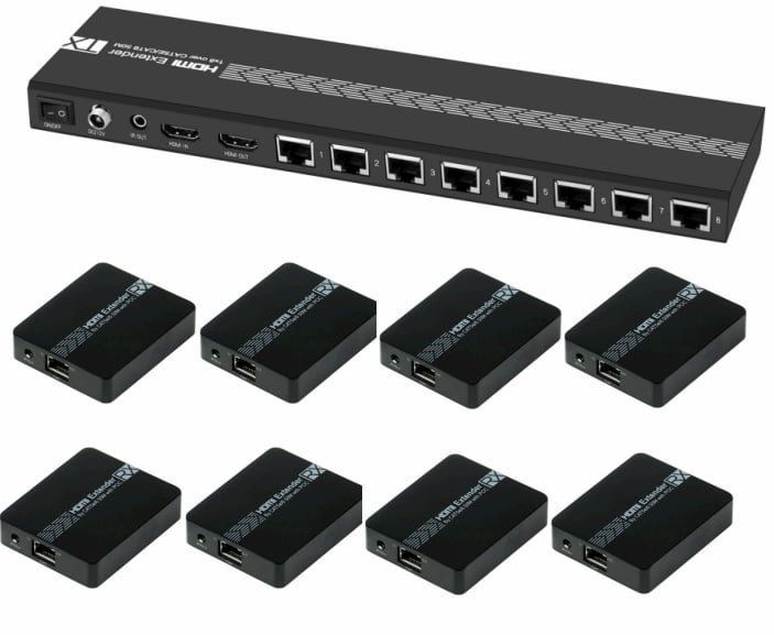 Разветвитель HDMI v1.4 на 8 +1 разъемов через LAN кабель с усилением сигнала до 50м