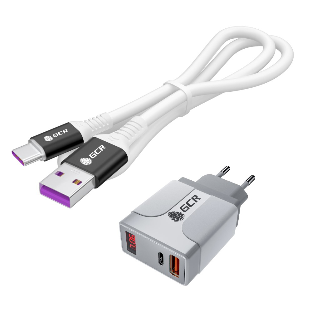 Комплект СЗУ на 2 USB порта TypeA и TypeC для быстрой зарядки, с дисплеем + кабель Type C PD для зарядки Apple MacBook Air Huawei Xiaomi