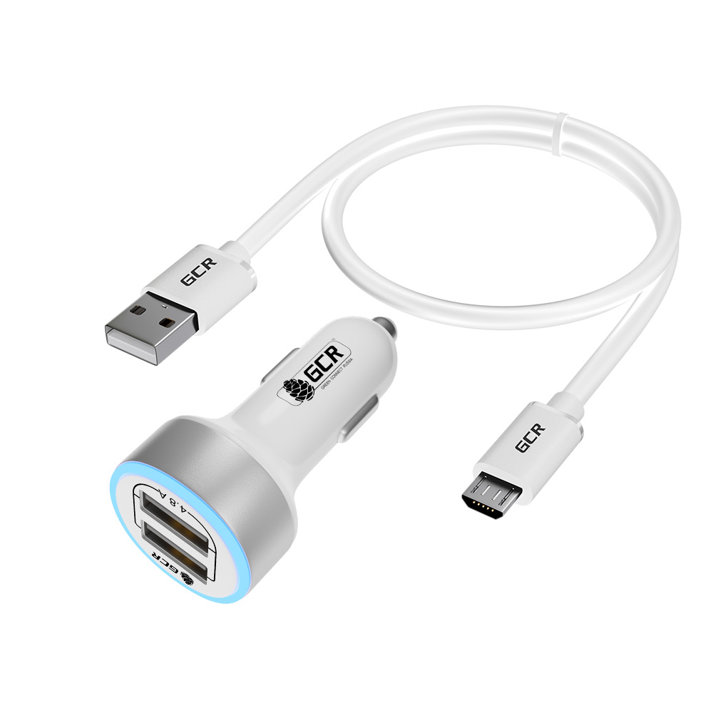 Комплект от GCR АЗУ на 2 USB порта TypeA для быстрой зарядки 4.8A с LED индикатором + кабель MicroUSB QC 3.0