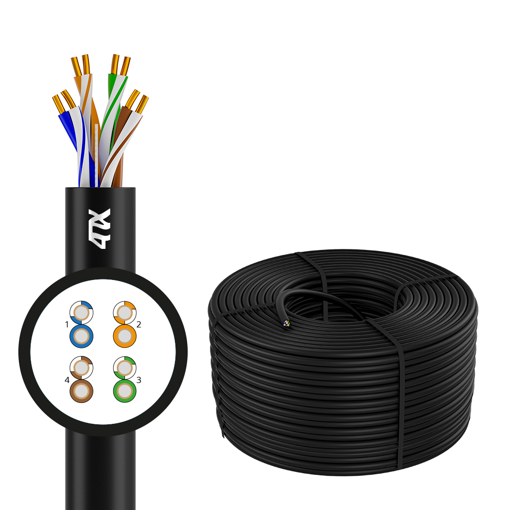 4PH Кабель LAN витая пара - патч корд UTP 100м Cat.5e CCA 4х2х0,5 (24AWG) одножильный (Solid) черный, бухта