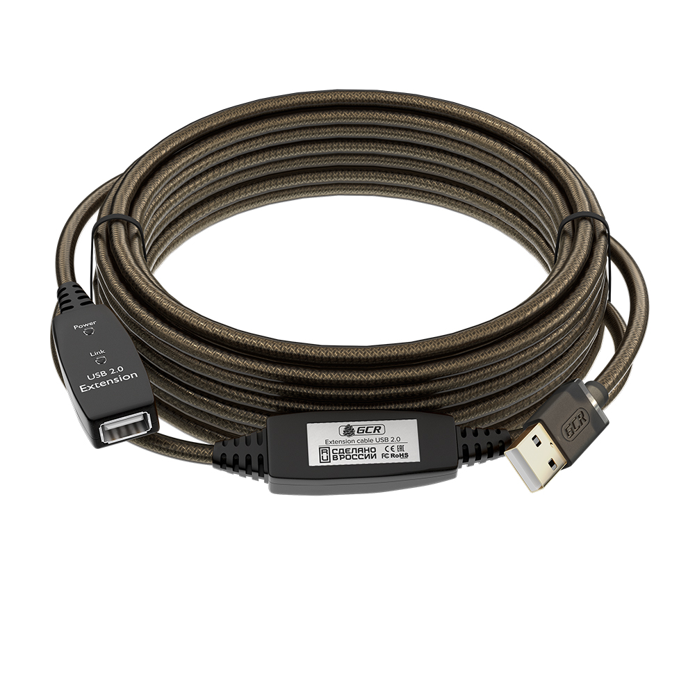 Активный удлинитель USB 2.0 AM / AF кабель с двумя усилителями сигнала + разъём для доп.питания, LED-индикаторы