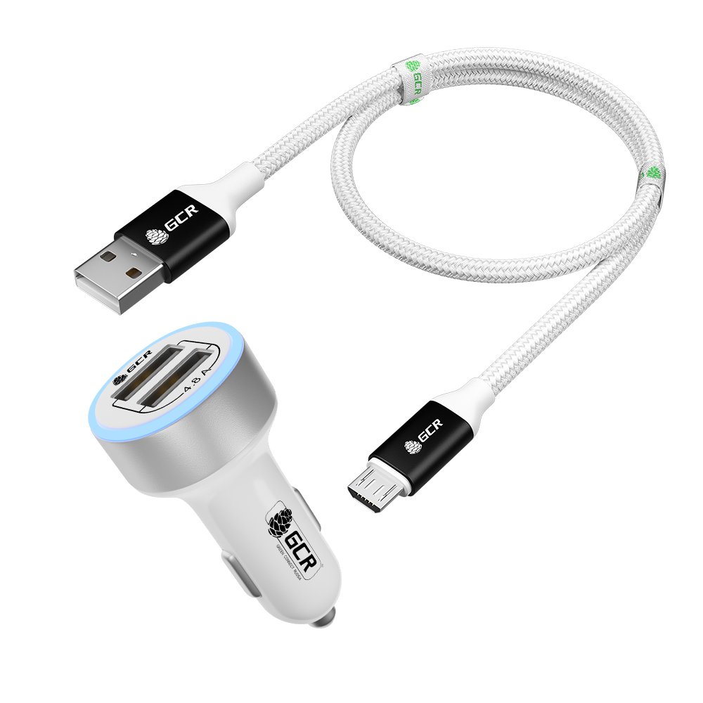 Комплект от GCR АЗУ на 2 USB порта TypeA для быстрой зарядки 4.8A с LED индикатором + кабель MicroUSB нейлон QC 3.0