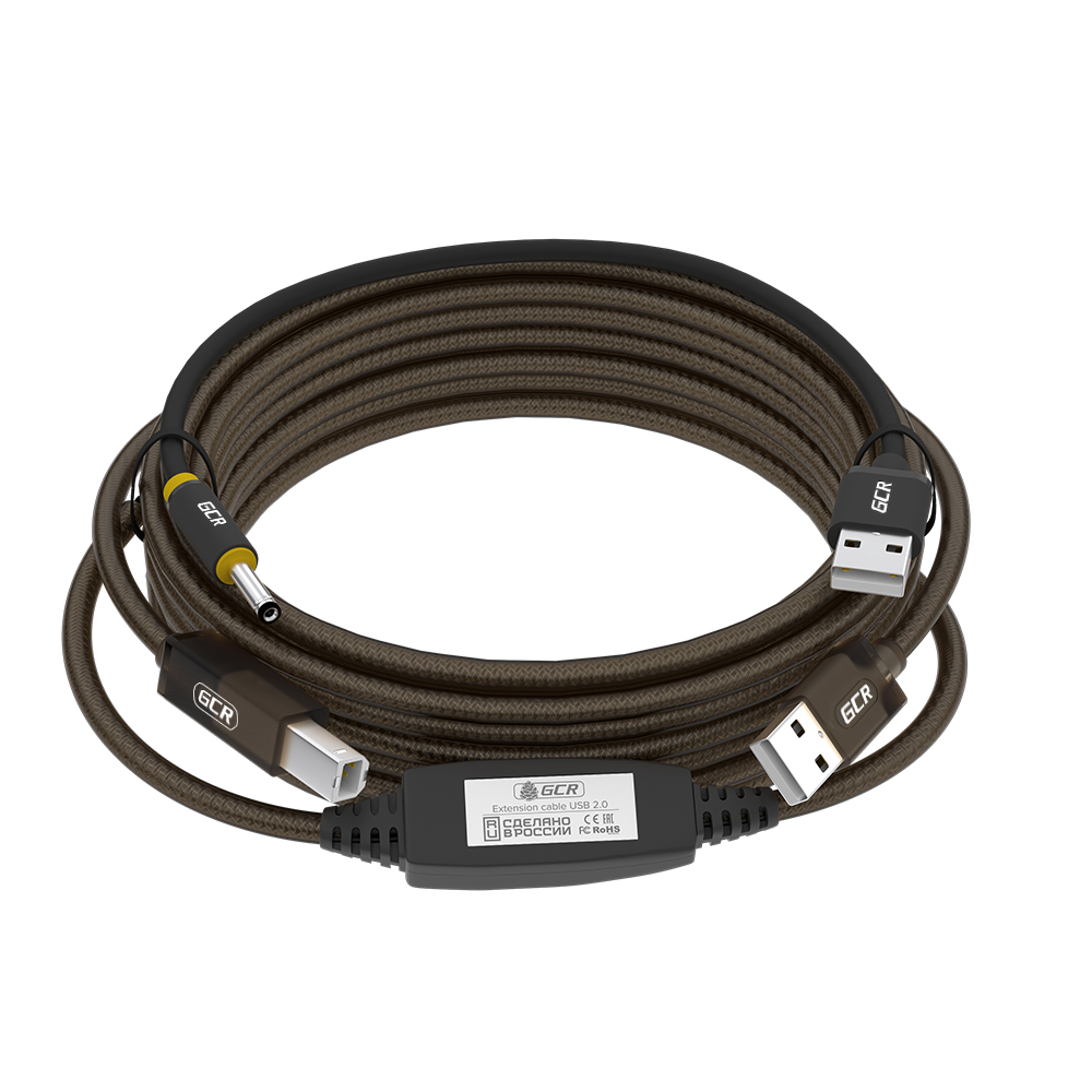 Активный кабель USB 2.0 BM с усилителем сигнала + разъём для доп.питания, LED-индикаторы