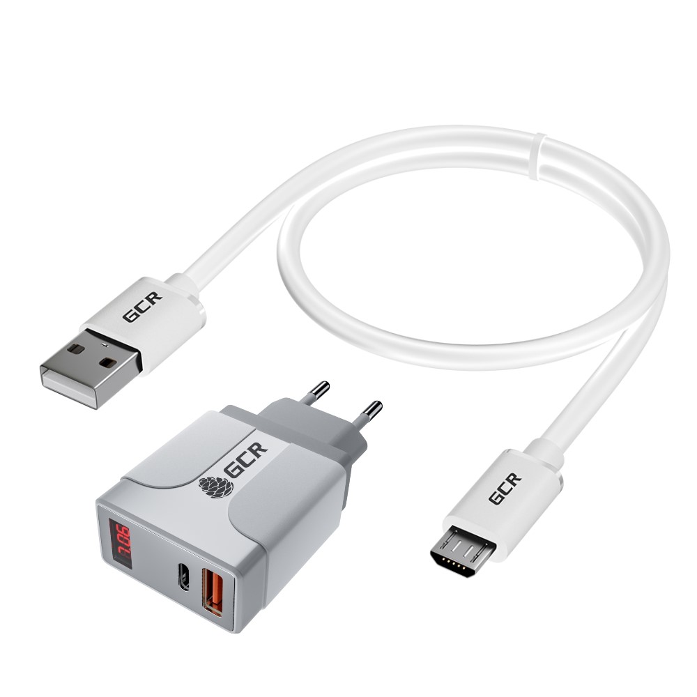 Комплект СЗУ на 2 USB порта QC 3.0 PD 3.0 с дисплеем  + кабель MicroUSB для быстрой зарядки смартфонов QC 3.0