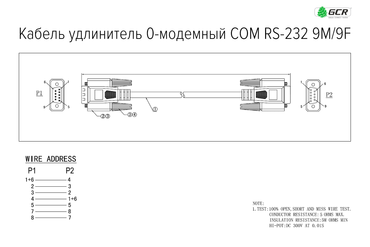 Нуль модемный кабель удлинитель RS-232 COM DB9M/DB9F для подключения профессионального оборудования