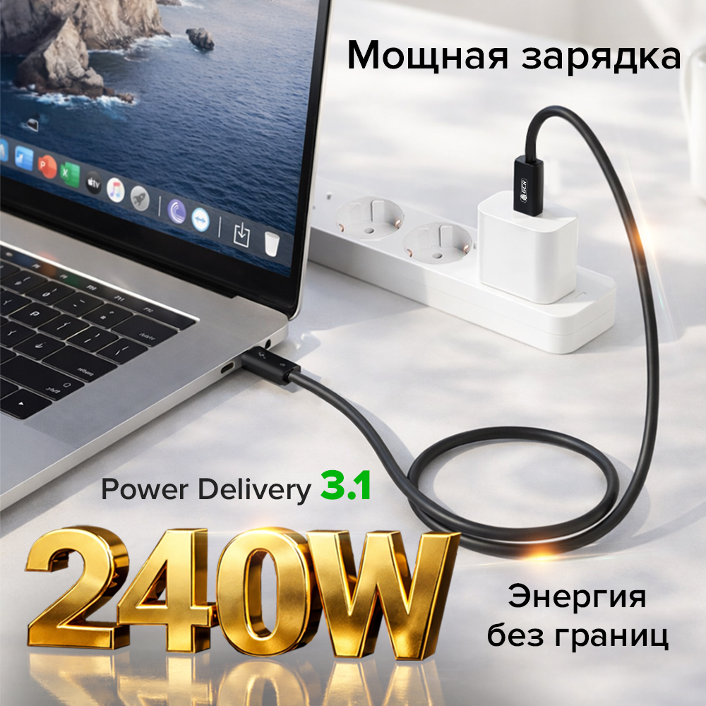 GCR Кабель Type-C Thunderbolt 5 в оплетке текстиль 80Gbps 240W 16K60Hz M/M GOLD
