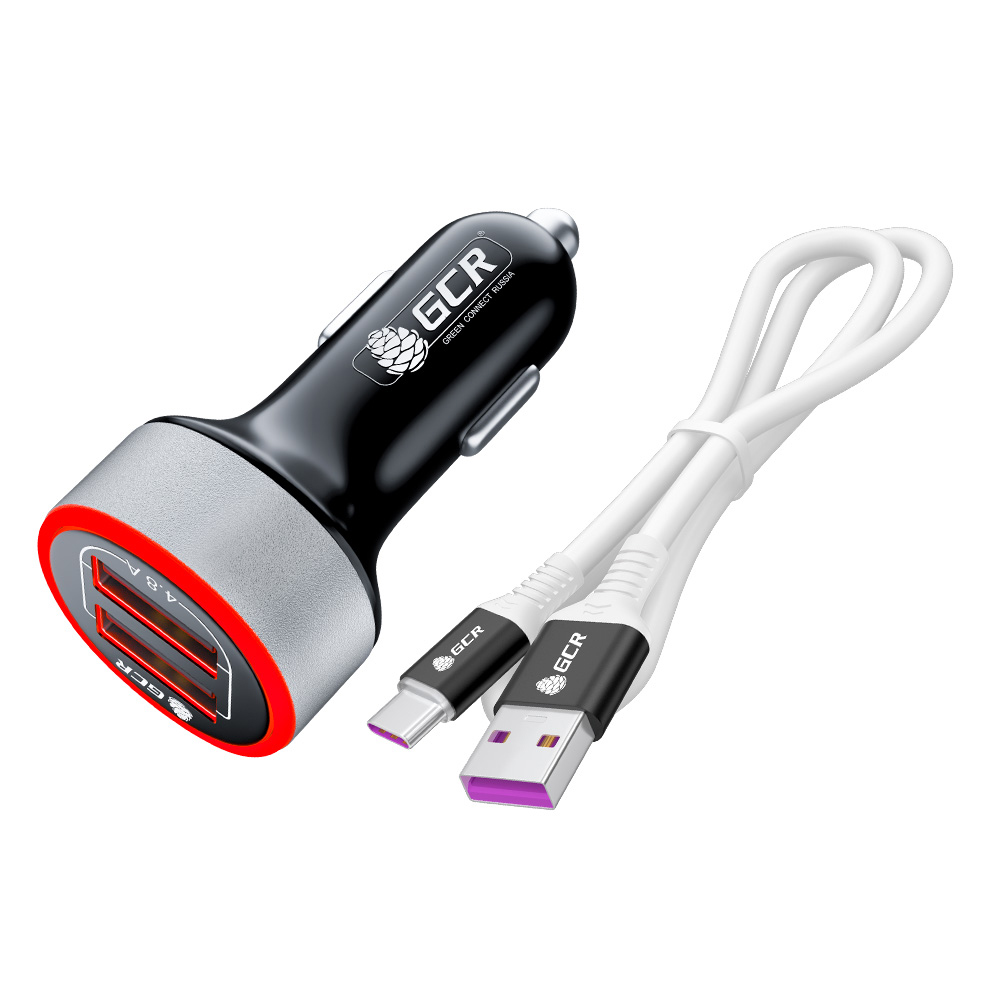 Комплект от GCR АЗУ на 2 USB порта 4.8А LED + USB кабель TypeC для быстрой зарядки